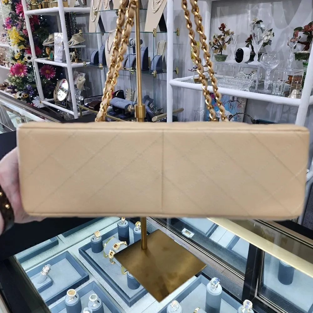NWTS!AUTHENTIC Chanel Double Flap Beige Caviar Quilted Gold Purse/Shoulder Bag